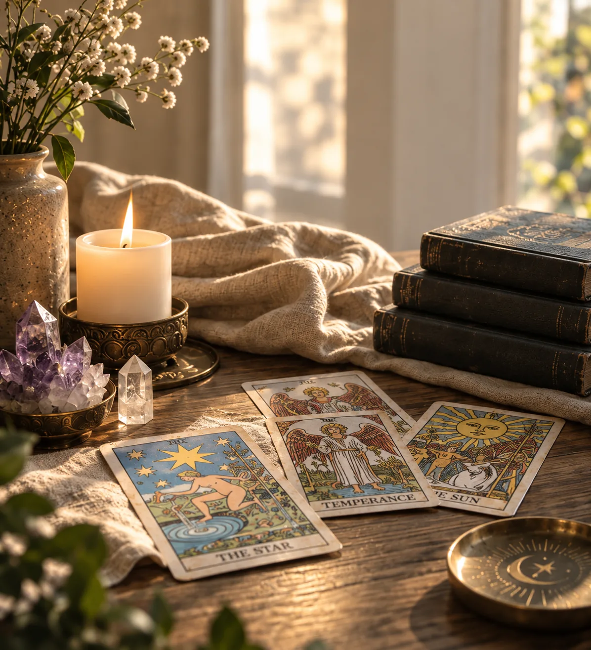 Golden afternoon light on tarot cards, linen, a candle and crystals